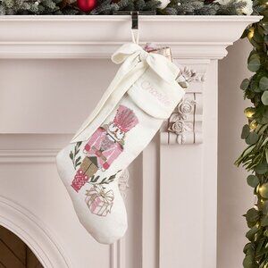 LoveShackFancy Nutcracker Needlepoint Stocking Pink Christmas Holiday Velvet Bow